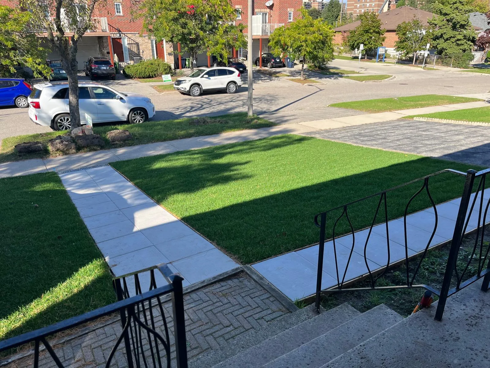 Front yard with new green sod and concrete walkways connecting the entrance steps, driveway and sidewalk.